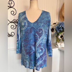 Kiara Blue & Black Swirl Print V-Neck Long Sleeve Top XL NWT